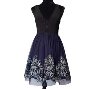 Blondie Nites by Stacy Skylar Dress Size 1 Fit and Flare Deep V Blue Black Tulle
